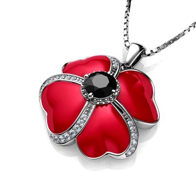Flower Necklace 925 Sterling Silver Poppy Red Enamel and black CZ
