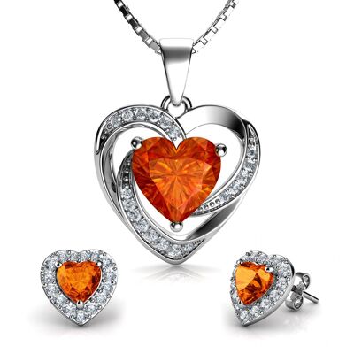 DEPHINI Parure di gioielli Orange Heart - 925 Sterling Silver CZ Crystal