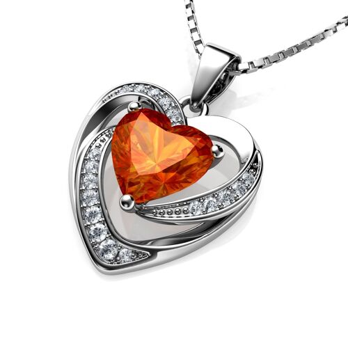 DEPHINI Orange Heart Necklace - 925 Sterling Silver Pendant CZ Crystal