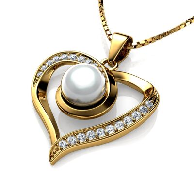 DEPHINI Gold Pearl Necklace 18ct Yellow Cubic Zirconia Crystal Pendant