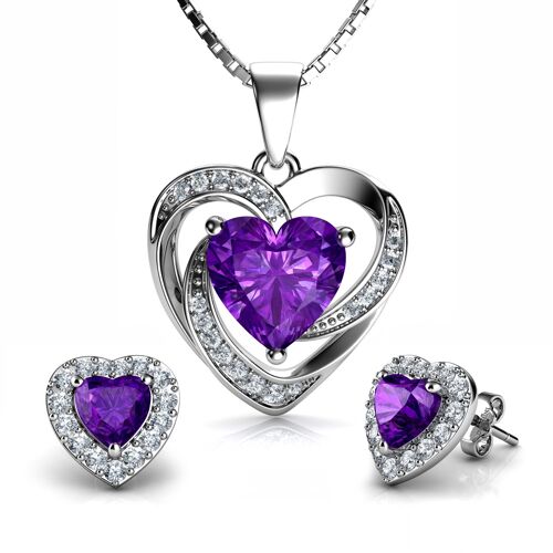 DEPHINI Purple Jewellery SET Heart Necklace & Heart Earrings Silver