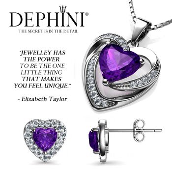 DEPHINI Purple Jewellery SET Collier Coeur & Boucles D'Oreilles Coeur Argent 3