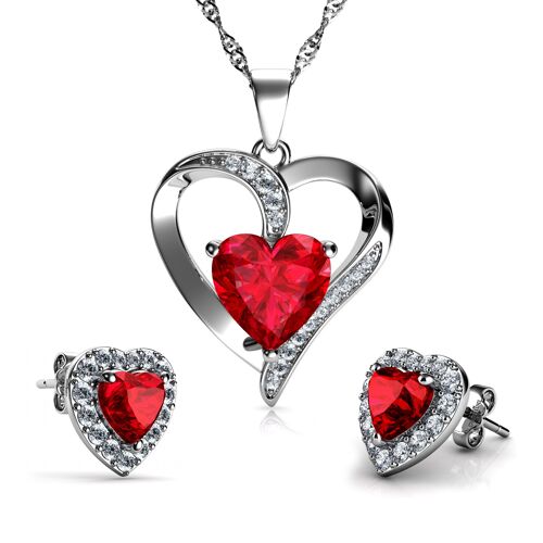 DEPHINI Red Jewellery SET Heart Necklace & Heart Earrings Silver