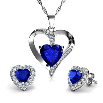 DEPHINI Blue Jewellery SET Collier Coeur & Boucles D'Oreilles Coeur Argent