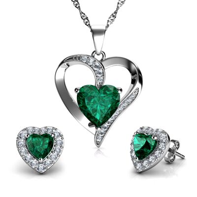 DEPHINI Green Jewellery SET Collier Coeur & Boucles D'Oreilles Coeur Argent