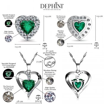 DEPHINI Green Jewellery SET Collier Coeur & Boucles D'Oreilles Coeur Argent 2