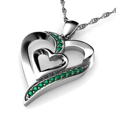 Double Heart Necklace 925 Sterling Silver Jewellery Dephini Green CZ