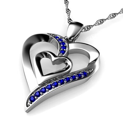Double Heart Necklace 925 Sterling Silver Jewellery Dephini Blue CZ