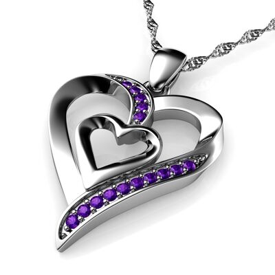 Double Heart Necklace 925 Sterling Silver Jewellery Dephini Purple CZ
