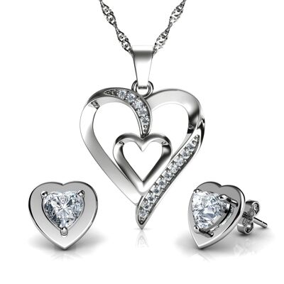 Double Heart Set Necklace Heart Earrings 925 Silver Jewellery Dephini