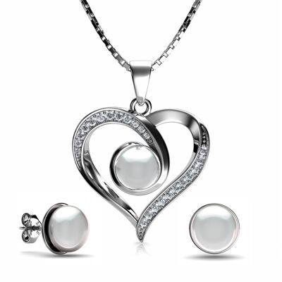 Pearl Jewellery Set Heart Necklace & Heart Earrings  Silver Pendat