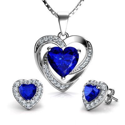 DEPHINI Blue Heart Necklace & Heart Earrings Silver Blue Jewellery SET