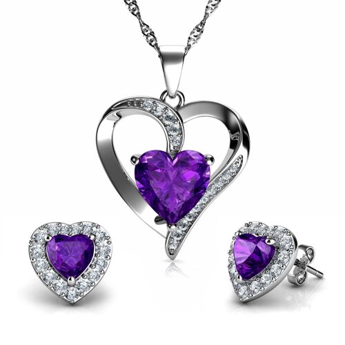 DEPHINI Purple Heart Necklace & Heart Earrings Purple Jewellery SET