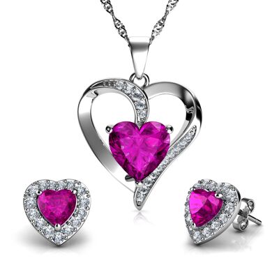 DEPHINI Pink Jewellery SET Red Heart Necklace & Heart Earrings Silver
