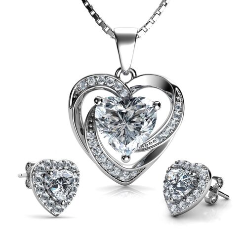 Luxury Jewellery Set Crystal Heart Necklace & Heart Earrings Dephini