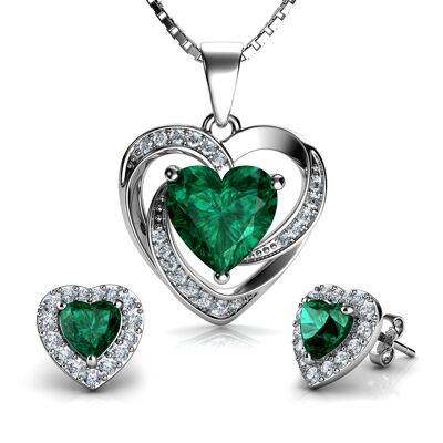 DEPHINI Grünes Schmuckset Herz Ohrringe & Halskette Sterling Silber