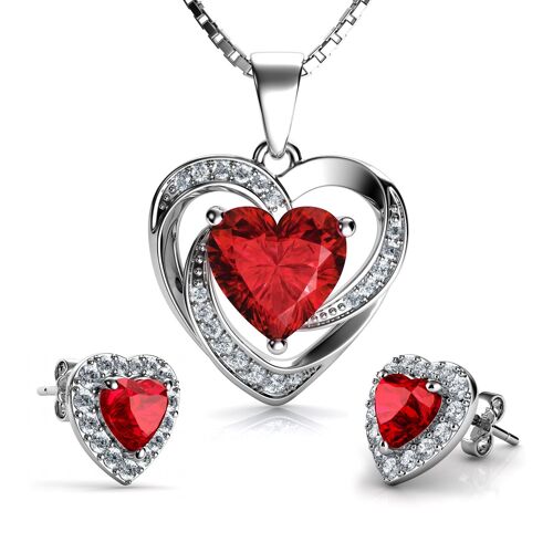 DEPHINI Red Heart Necklace & Heart Earrings Silver - Red Jewellery SET