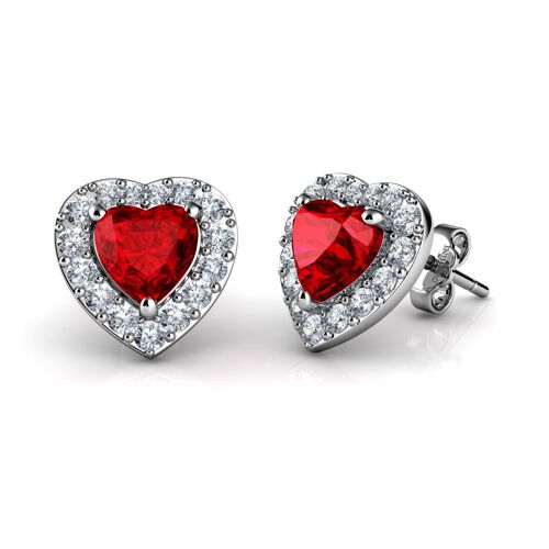 DEPHINI Red Heart Earrings - 925 Sterling Silver Heart Stud CZ Crystal