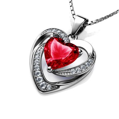 DEPHINI Collar de corazón rojo con colgante de CZ de plata de ley 925 y cristal rojo