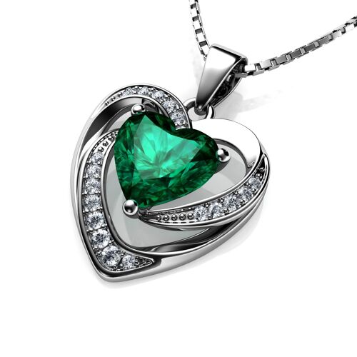 DEPHINI Green Heart Necklace - 925 Sterling Silver Pendant CZ Crystal