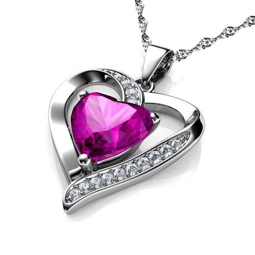 DEPHINI Pink Heart Necklace - 925 Sterling Silver Pendant CZ Crystal