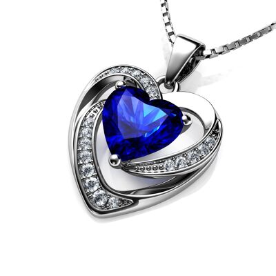 DEPHINI Blue Heart Necklace - 925 Sterling Silver Heart Pendant CZ