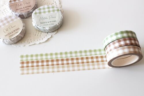 Picnic Gingham Grid Washi Tape Set, Dark Brown Oat Cream Matcha Green Note & Wish Washi Set - Oat Picnic - cream