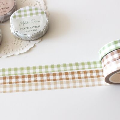 Picnic Gingham Grid Washi Tape Set, Dark Brown Oat Cream Matcha Green Note & Wish Washi Set - Oat Picnic - cream