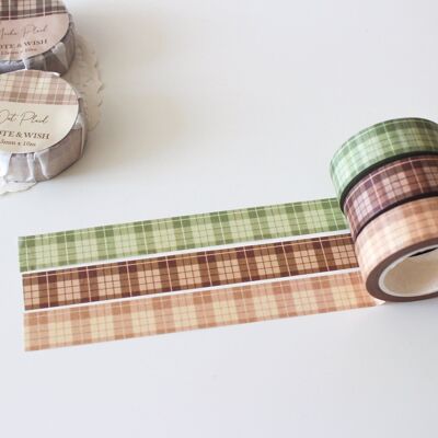 Plaid Washi Tape Set, Dark Brown Oat Cream Matcha Green Note & Wish Washi Set - Set of 3