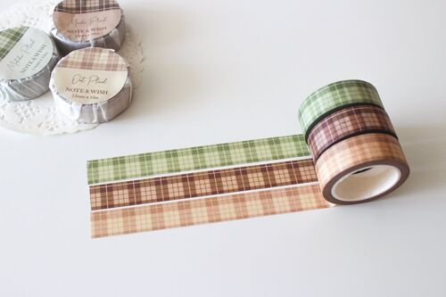 Plaid Washi Tape Set, Dark Brown Oat Cream Matcha Green Note & Wish Washi Set - Matcha Plaid - green