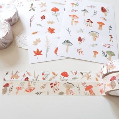 Mushroom and Autumn Garden Washi Tape Stickers Set, Autumn Note & Wish Stationery Set