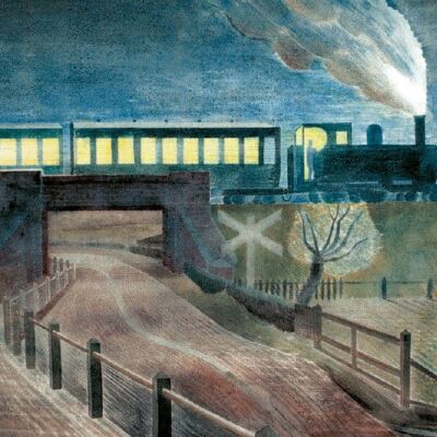 Train Going Over a Bridge at Night, Eric Ravilious