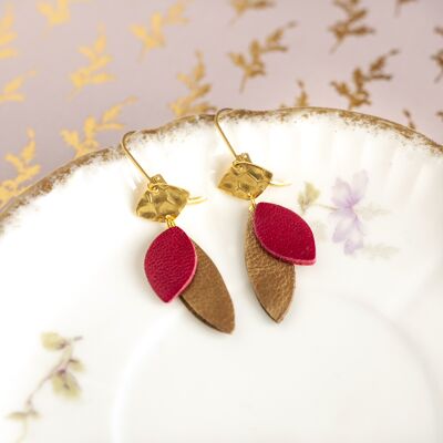 Boucles d'oreilles Lozaa en cuir rouge carmin et mordoré