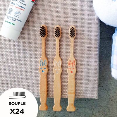 Assortimento di spazzolini da denti per bambini (3-6 anni) in legno di faggio francese - P'tit Dubois soft - 3 colori di marcatura