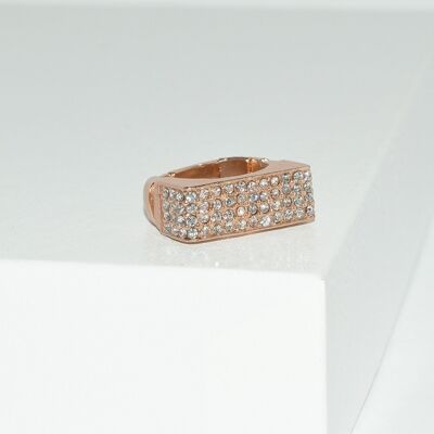 R55025.51 Bague dorée rose à l'or fin 24 carats à pavé rectangulaire et cristaux blanc