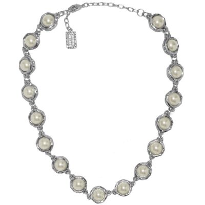 N50057.42 - Collier étain argenté au 925 sterling avec des perles de verre blanche