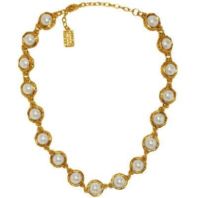 N50057.12 - Collier étain doré à l'or fin 24 carats avec des perles de verre blanche - Porté par Peggy Noonan