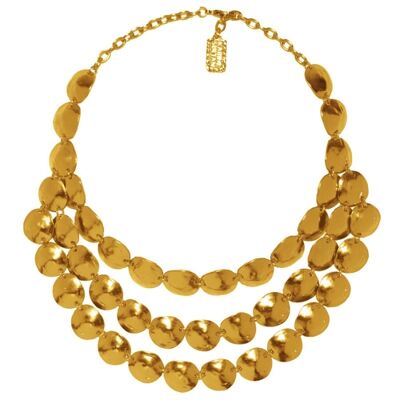 N06928.10 Collier doré à l'or fin 24 carats t avec 3 rangées de disques martelé en coquillage