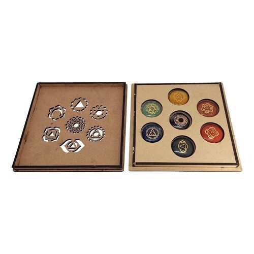 7 Chakra Stone Set with Assorted Wooden Case Design, Round Stones
