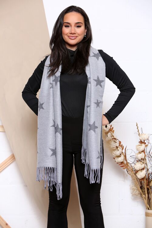 Grey stars print cashmere mix 2 tone reversible winter scarf with tassels