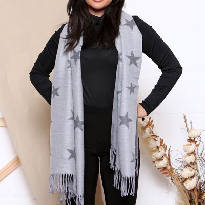 Grey stars print cashmere mix 2 tone reversible winter scarf with tassels