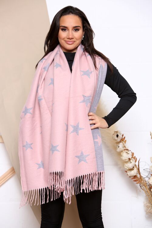 pink stars print cashmere mix 2 tone reversible winter scarf with tassels