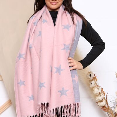 Sciarpa invernale reversibile bicolore in misto cashmere stampa stelle rosa con nappine