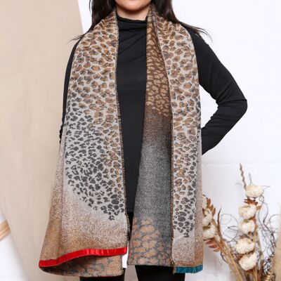 camel leopard patterned scarf with coloured hem