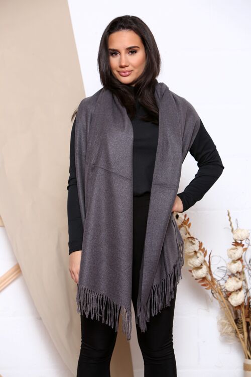 charcoal grey fine plain cashmere mix winter scarf with tassels