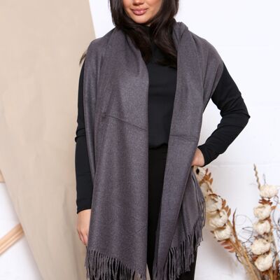 sciarpa invernale in misto cashmere fine tinta unita grigio antracite con nappe