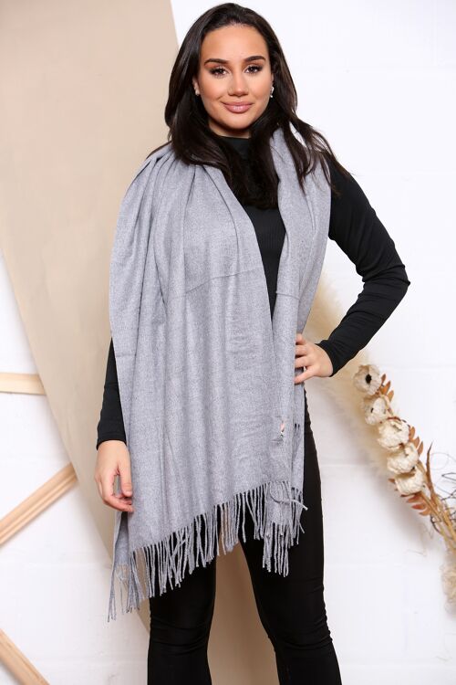 light grey fine plain cashmere mix winter scarf with tassels
