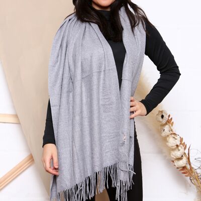 light grey fine plain cashmere mix winter scarf with tassels