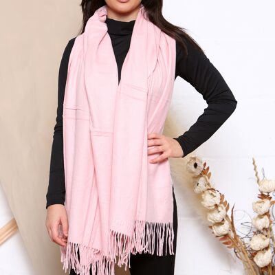 Pink fine plain cashmere mix winter scarf with tassels