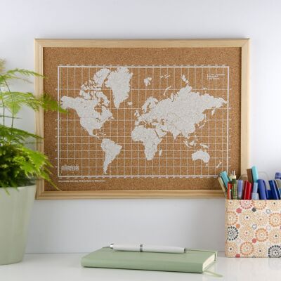Mini tablero de corcho mapamundi serigrafiado en blanco